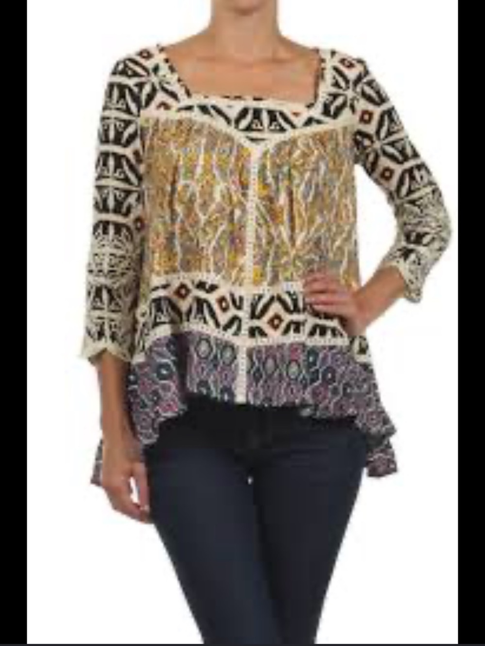 Altar'd State Mixed-Print Square Neck Blouse - Yellow/Black/Cream/Purple